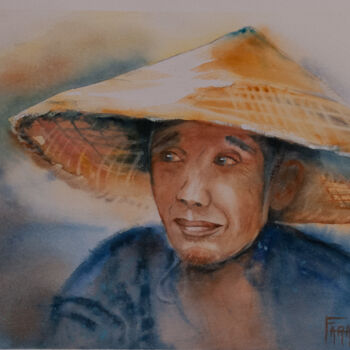 Pintura intitulada "Chinois au chapeau" por Michelle Thébault (Farane), Obras de arte originais, Aquarela