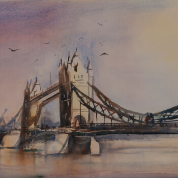 Pintura intitulada "Londres le pont Tow…" por Michelle Thébault (Farane), Obras de arte originais, Aquarela