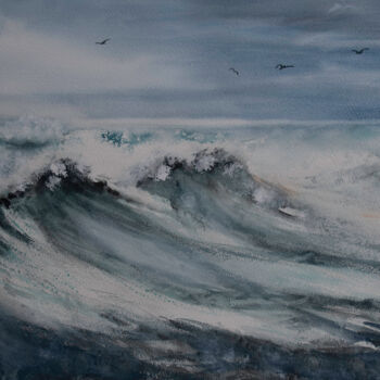 Peinture intitulée "Tempête sur l'océan" par Michelle Thébault (Farane), Œuvre d'art originale, Aquarelle