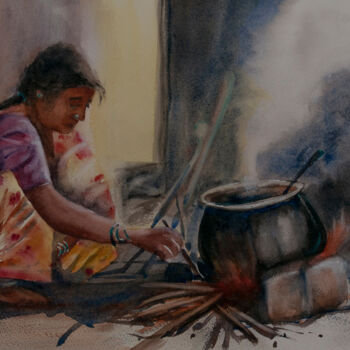 Картина под названием "Cuisiner en Inde" - Michelle Thébault (Farane), Подлинное произведение искусства, Акварель