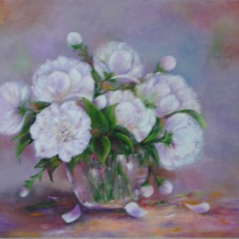 Painting titled "Les blanches pivoin…" by Michelle Millot, Original Artwork, Oil
