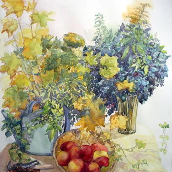 Painting titled "Retour du jardin" by Michel Munier, Original Artwork, Watercolor