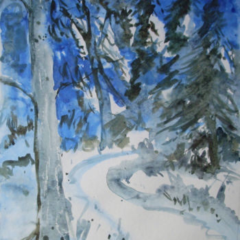 Painting titled "Neige en forêt" by Michel Munier, Original Artwork, Watercolor