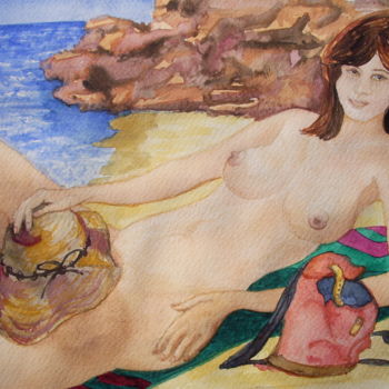 Malerei mit dem Titel "Espiègle Claudine" von Michel Munier, Original-Kunstwerk, Aquarell