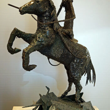 Escultura titulada "cheval et son caval…" por Michel Neuville, Obra de arte original, Metales