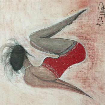 Drawing titled "La petite robe rouge" by Michel Philippeau, Original Artwork, Pastel