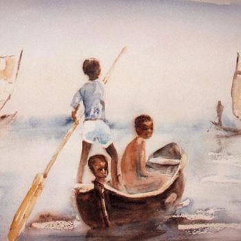 Painting titled "Les petits pêcheurs" by Mireille Dubois-Vanhove, Original Artwork, Oil