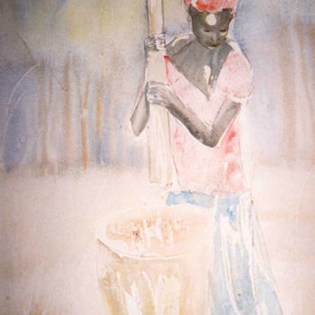 Картина под названием "La pileuse de manioc" - Mireille Dubois-Vanhove, Подлинное произведение искусства, Масло