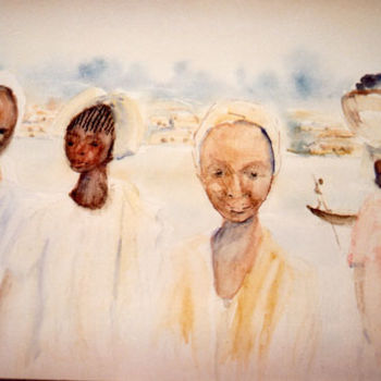 Painting titled "marché au bord du f…" by Mireille Dubois-Vanhove, Original Artwork, Oil
