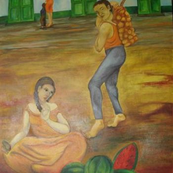 Peinture intitulée "marche des fruit" par Nydia Eugenia, Œuvre d'art originale, Huile