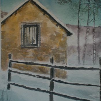 Peinture intitulée "grange sous la neige" par Mickael Thébault, Œuvre d'art originale