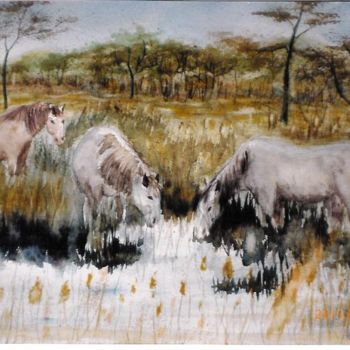 Painting titled "chevaux camarguais" by Mickael Thébault, Original Artwork