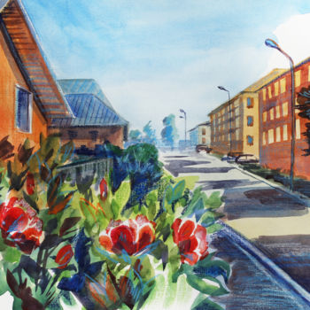 Malerei mit dem Titel "Quiet street in the…" von Nadya Podkurkova, Original-Kunstwerk, Aquarell