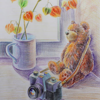Drawing titled "Teddy bear with a c…" by Nadya Podkurkova, Original Artwork, Conté