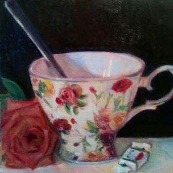 Pittura intitolato "Teacup , rose  and…" da M Inglezakis, Opera d'arte originale, Olio