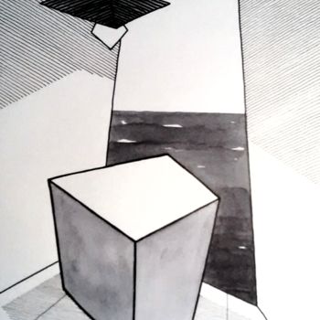 Drawing titled "CUBE & SEA" by Miguel Esquivel Kuello, Original Artwork, Ink