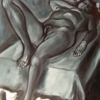 Painting titled "MUJER EN GRIS SOBRE…" by Miguel Esquivel Kuello, Original Artwork, Oil Mounted on Wood Panel