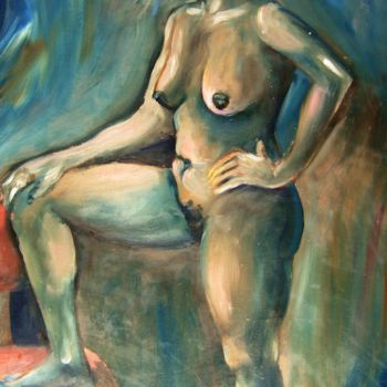 Painting titled "MUJER CON SILLA" by Miguel Esquivel Kuello, Original Artwork, Oil Mounted on Wood Panel