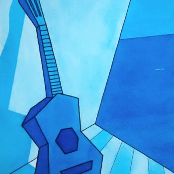 Painting titled "GUITARRA CUBISTA EN…" by Miguel Esquivel Kuello, Original Artwork, Ink