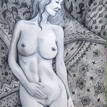 Dibujo titulada "LACE WOMAN IN AMERI…" por Miguel Esquivel Kuello, Obra de arte original, Bolígrafo