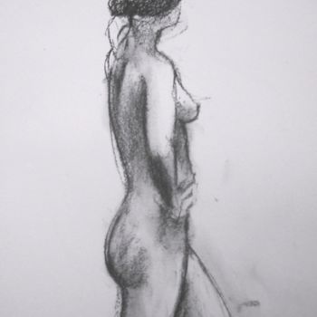 「FEMALE NUDE, PROFILE」というタイトルの描画 Miguel Esquivel Kuelloによって, オリジナルのアートワーク, 木炭