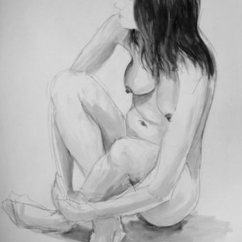 Drawing titled "GIRL SITTING ON THE…" by Miguel Esquivel Kuello, Original Artwork, Ink