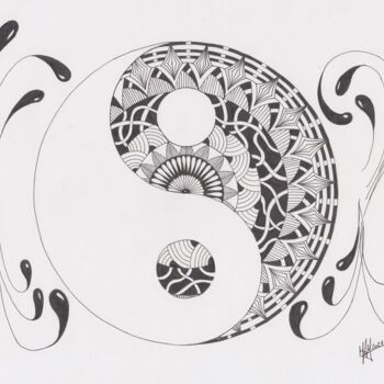 Disegno intitolato "Mandala 5 (yin-yang)" da Miguel Marques, Opera d'arte originale, Inchiostro