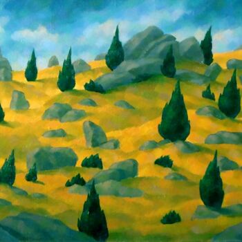 Schilderij getiteld "Rocky landscape" door Mikhaela Ivanova, Origineel Kunstwerk, Olie Gemonteerd op Frame voor houten branc…