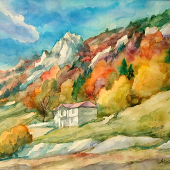 Rysunek zatytułowany „Autumn in the mount…” autorstwa Михаела Иванова, Oryginalna praca, Akwarela