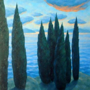 제목이 "Cypreses II"인 미술작품 Михаела Иванова로, 원작, 기름 나무 들것 프레임에 장착됨