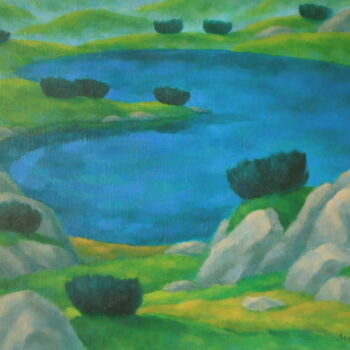 Painting titled "Lake II" by Mikhaela Ivanova, Original Artwork, Oil Mounted on Wood Stretcher frame