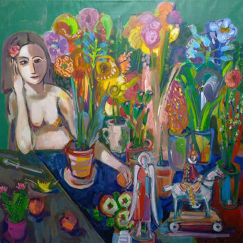 Malerei mit dem Titel "девочка с персиками" von Mikhail Baglaridis, Original-Kunstwerk, Acryl
