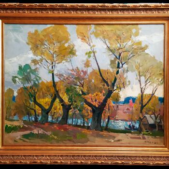 Painting titled "Three willows, oil,…" by Mikhail Kokin, Original Artwork, Oil Mounted on Wood Stretcher frame