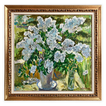 Schilderij getiteld "White lilacs" door Mikhail Kokin, Origineel Kunstwerk, Olie