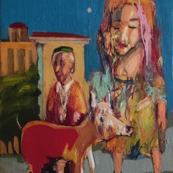 제목이 "The girl and her dog"인 미술작품 Mihran Manukyan로, 원작, 기름 나무 들것 프레임에 장착됨