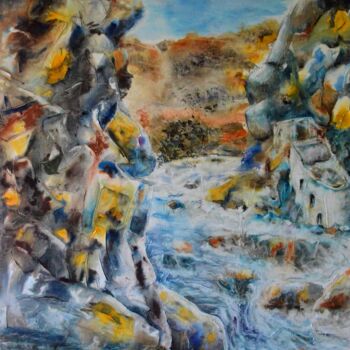 Painting titled "Chahut aquatique" by Mijo Chambon, Original Artwork, Watercolor Mounted on Wood Stretcher frame