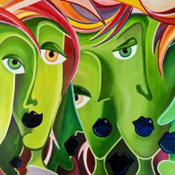 Painting titled "Green Faces" by Mike Wagener, Original Artwork, Acrylic