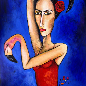 Painting titled "Flamenco-flamingo" by Mikhail Baranovskiy, Original Artwork, Acrylic Mounted on Wood Stretcher frame