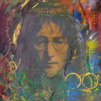 Schilderij getiteld "Jhon Lennon" door Mikhail Mantulin, Origineel Kunstwerk, Olie Gemonteerd op Frame voor houten brancard