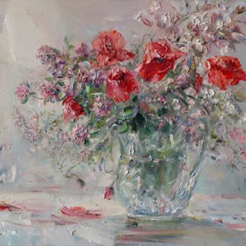 Painting titled "Poppies and Clover" by Mikhail Mikora, Original Artwork, Oil