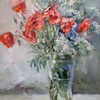 Painting titled "Poppies and Wildflo…" by Mikhail Mikora, Original Artwork, Oil