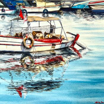 Painting titled "Humble fishing boat" by Mila D'Art, Original Artwork, Watercolor