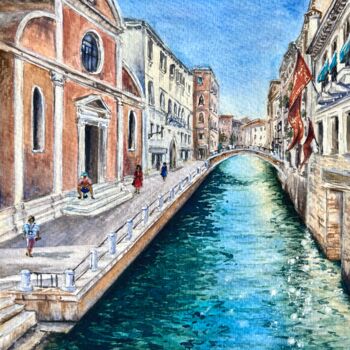 Painting titled "Venice in quarantin…" by Mila D'Art, Original Artwork, Watercolor