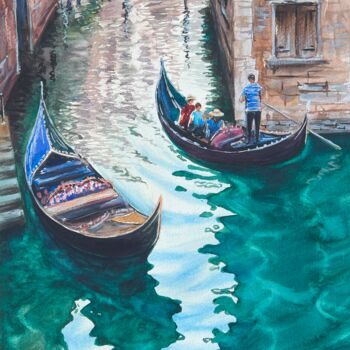 Painting titled "The gondolas of Ven…" by Mila D'Art, Original Artwork, Watercolor