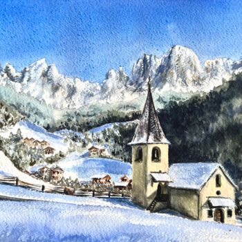 Картина под названием "Alpine village" - Mila D'Art, Подлинное произведение искусства, Акварель