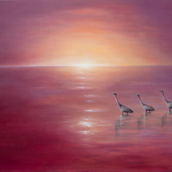 Painting titled "Japanese Cranes" by Mila Moroko, Original Artwork, Oil Mounted on Wood Stretcher frame