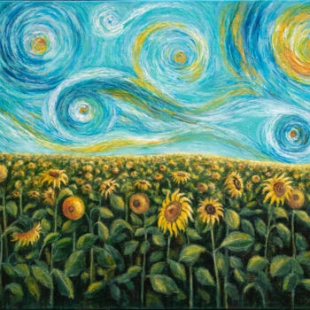 Malarstwo zatytułowany „Starry Night Flower…” autorstwa Mila Moroko, Oryginalna praca, Olej Zamontowany na Drewniana rama no…