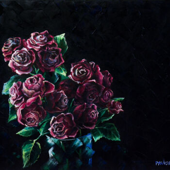 Картина под названием "Red roses on blakc" - Mila Pavlova, Подлинное произведение искусства, Масло Установлен на Деревянная…