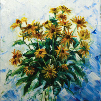 Painting titled "yellow daisies" by Mila Pavlova, Original Artwork, Oil Mounted on Wood Stretcher frame