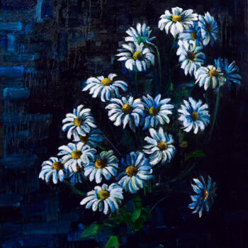 Painting titled "White daisies" by Mila Pavlova, Original Artwork, Oil Mounted on Wood Stretcher frame